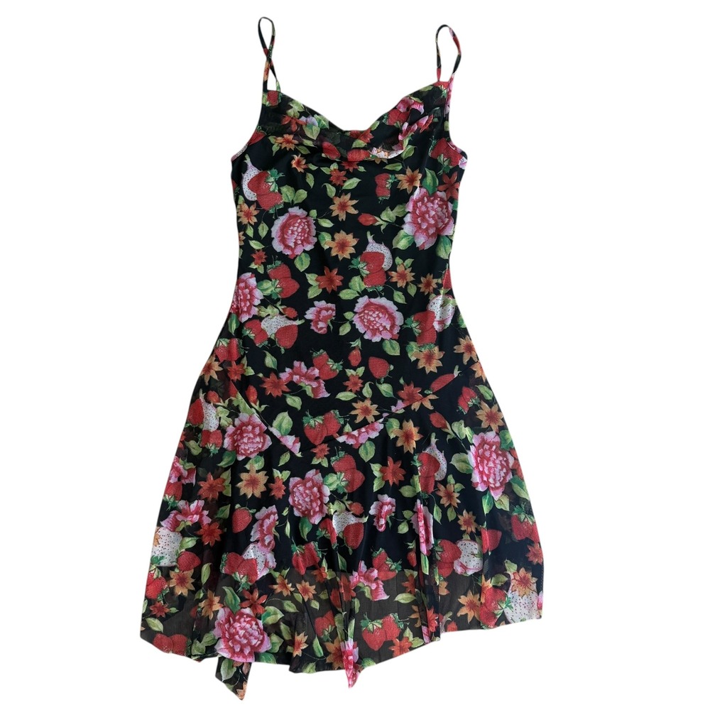 Liberty Love Asymmetrical Fruit Dress Strawberry Floral Mesh Cowl Neck Medium